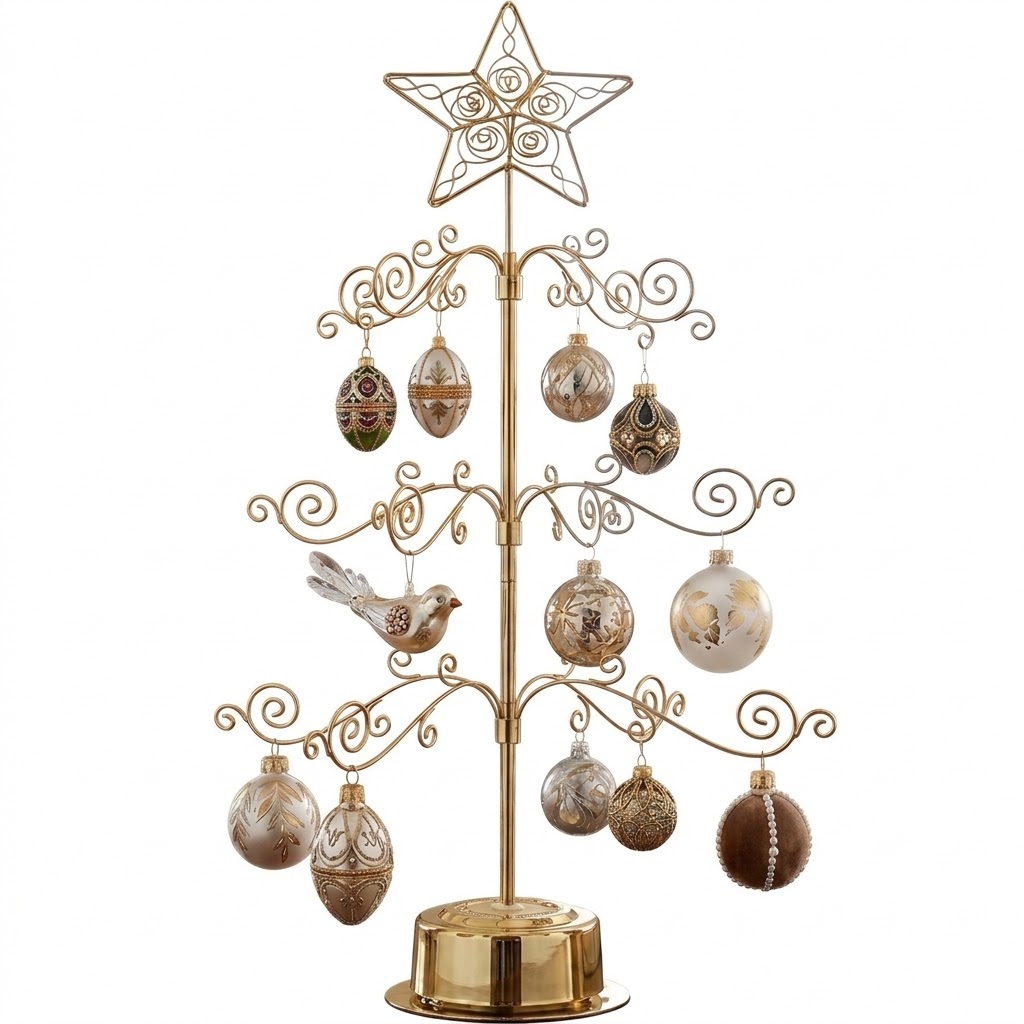 HOHIYA 24 Inch Tabletop Rotating Ornament Display Tree 3-Tier Metal Stand with 36 Hooks, Small Christmas Tree for Desk Countertop Jewelry and Keepsake Holder Brass Gold